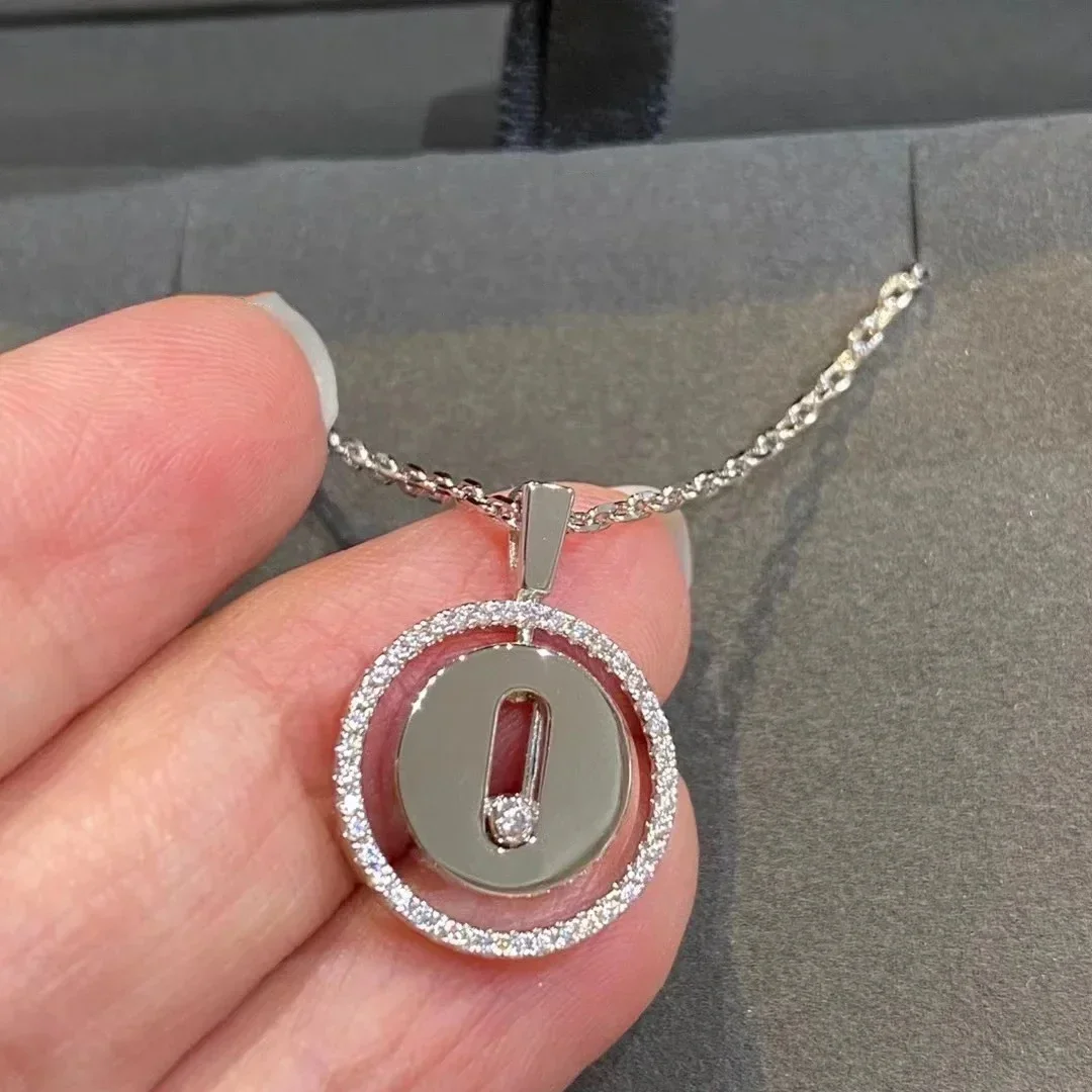 

925 Sterling Silver Luxury Jewelry Amulet Round Women's Diamond Necklace. Moving Diamonds.