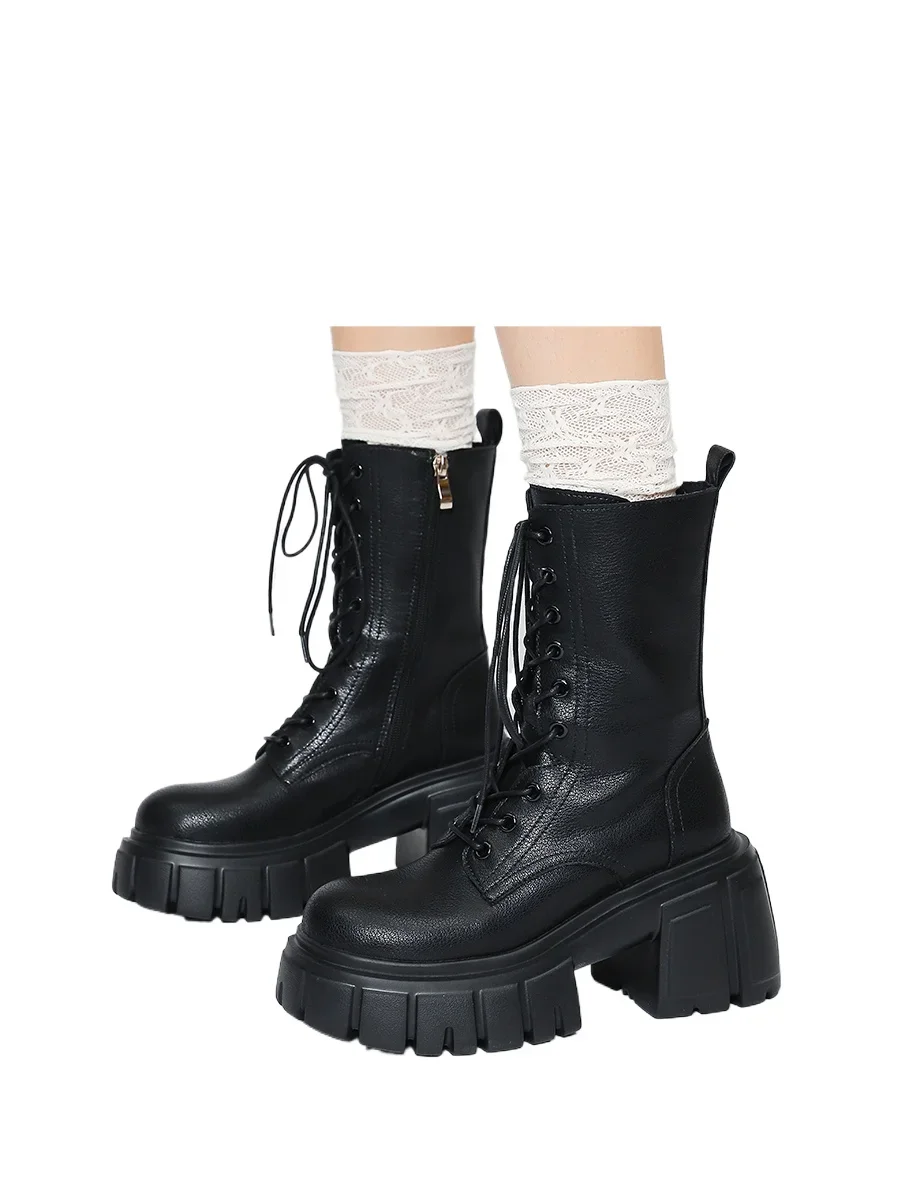 Women's autumn and winter thick soled mid-calf boots with fleece Martens small heightening short boots with thick heels