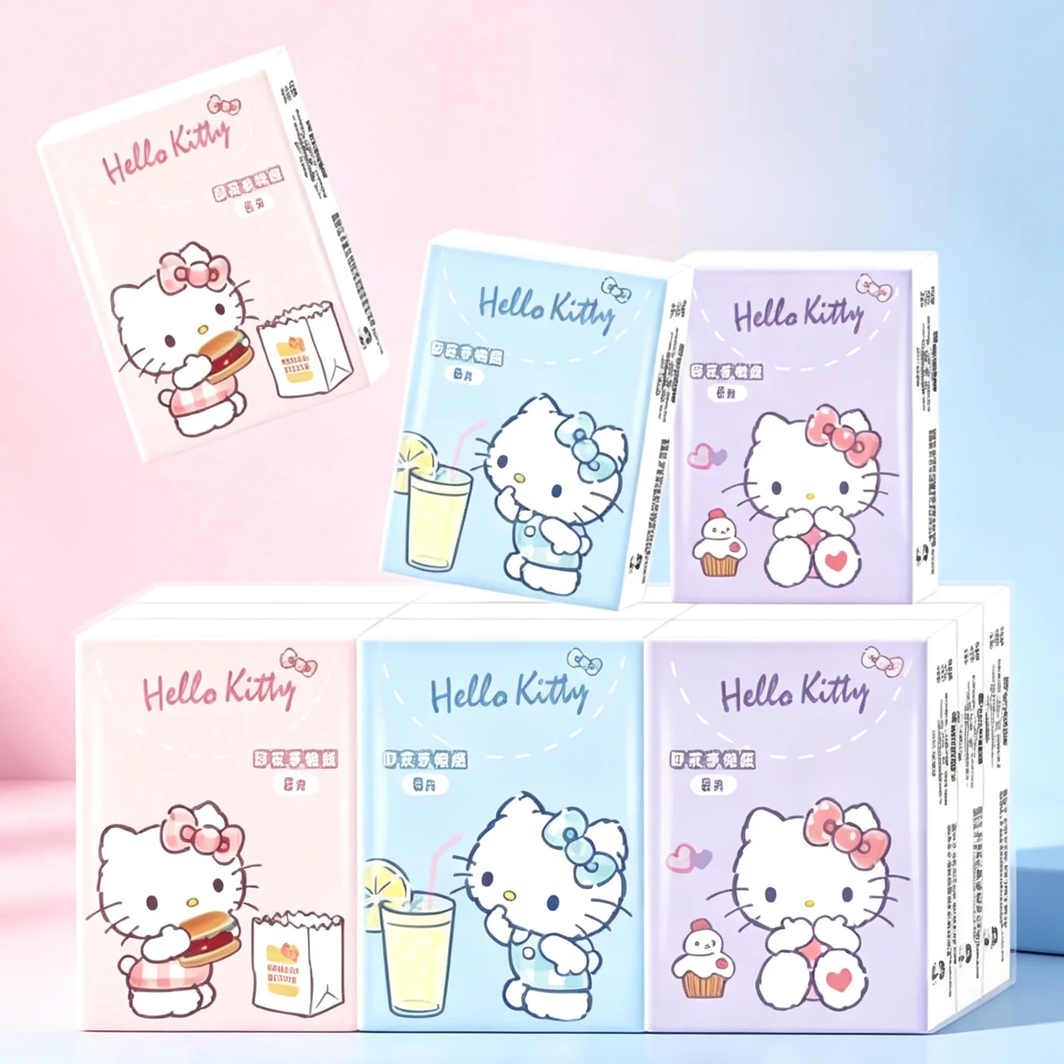 Hello-Kitty-Servietten mit Aufdruck, niedliches Charaktermuster, einzeln verpackt, Papiertücher für unterwegs, zum Essen, für den täglichen Gebrauch, als Geschenk. – Detail 1