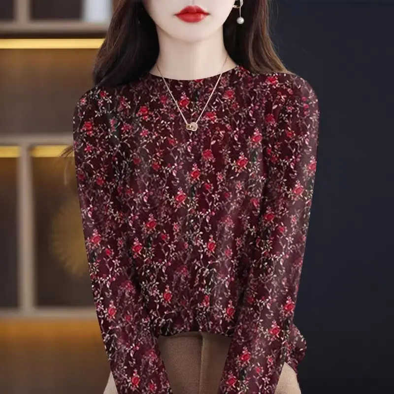 

2023 New Autumn and Winter Fashion Printing Round Neck Chiffon Long Sleeve Temperament Casual Women's Comfortable and Unique Top