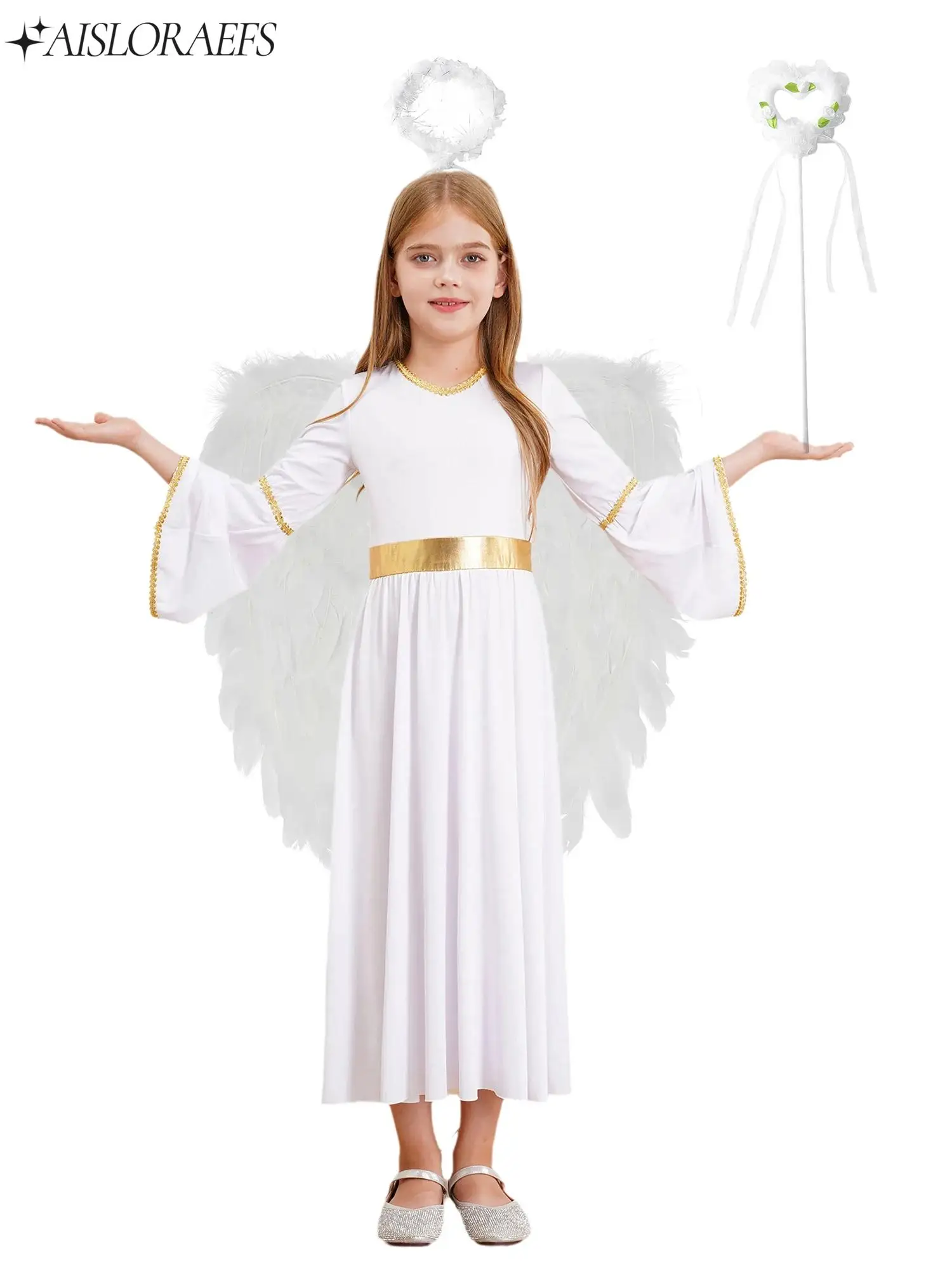 

4Pcs Girls Angel Costume Angel Dress for Halloween Dress Up Party Performance Cosplay with Angel Wings Headband And Fairy Stick