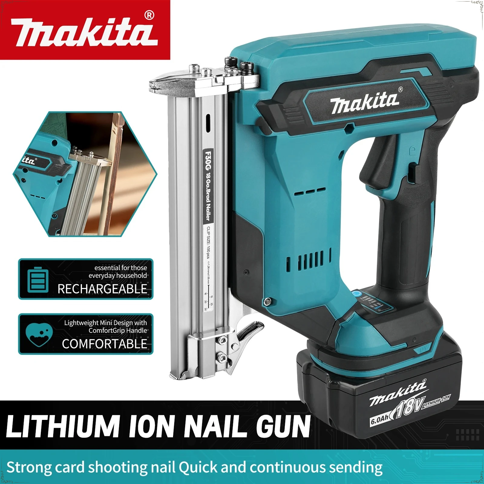 

Makita Lithium-Ion Nail Gun:18V, 6.0Ah Battery, 100-Nail Capacity, Cordless, Ideal for Flooring, Shelving & DIY Wood Projects