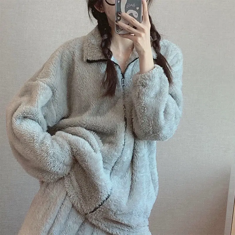 Zipper Sleepwear Women Pajama Sets Winter Warm Piiama Fleece Night Wears Solid Sets for Women 2 Pieces Turtleneck Home Suit New