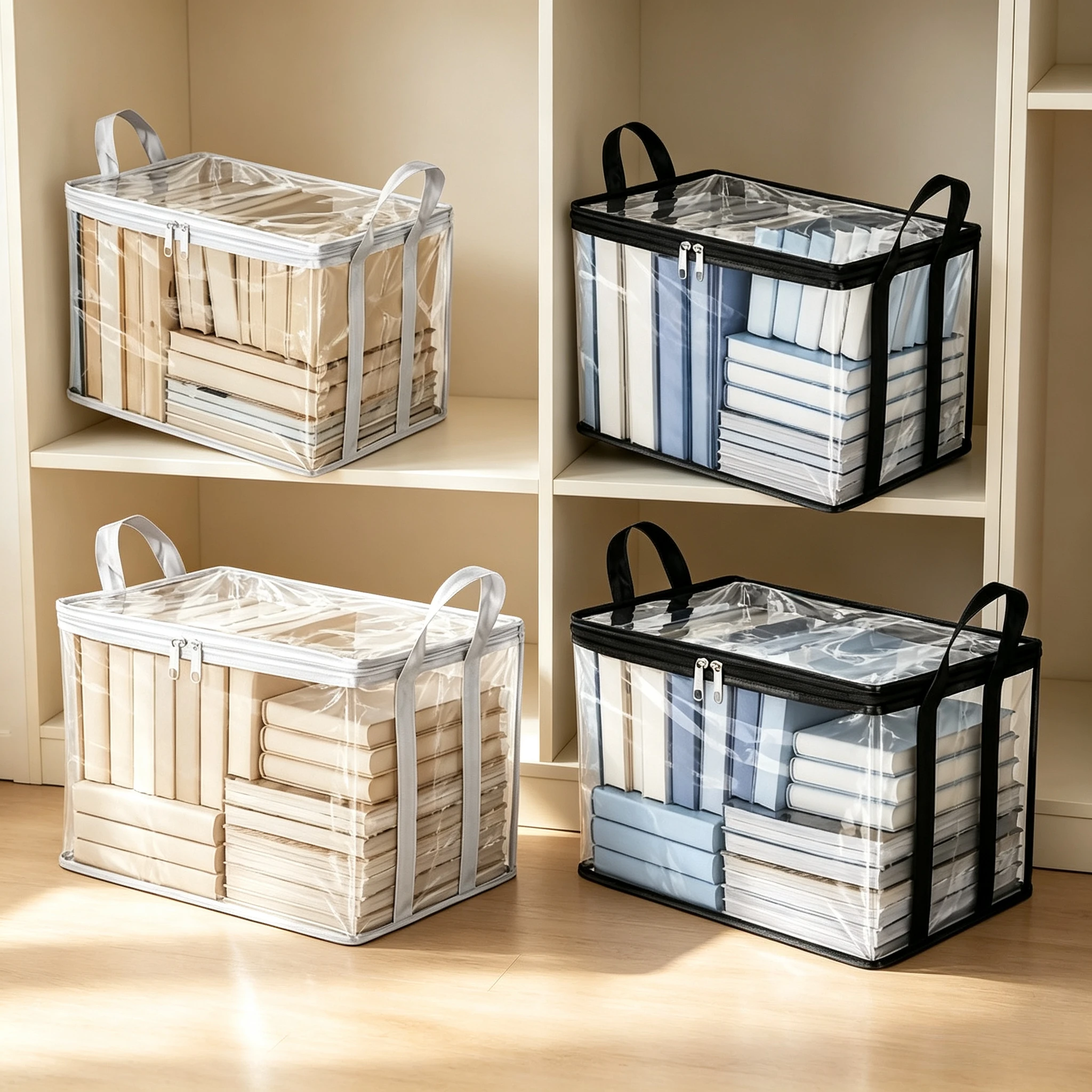 4pcs Clear Book Storage Bag, Foldable Dustproof PVC Storage Bin with Handles, Double Zipper Organizer for Books, Closet Storage