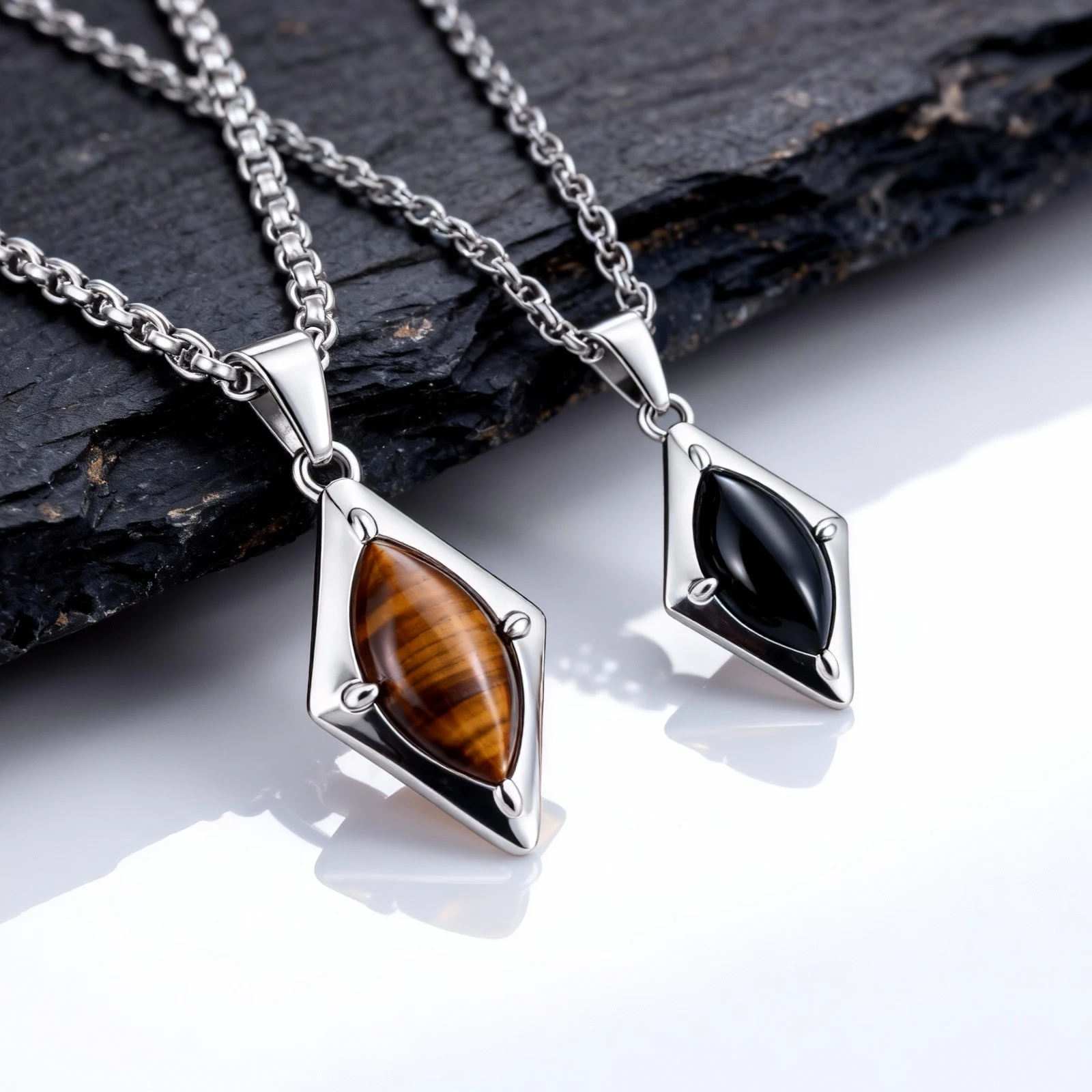 Trendige Geometrie-Halskette für Männer, hochwertige Edelstahl-Naturstein-Anhänger-Halskette, Geburtstagsgeschenk für Ehemann, Vater, ihn – Detail 3