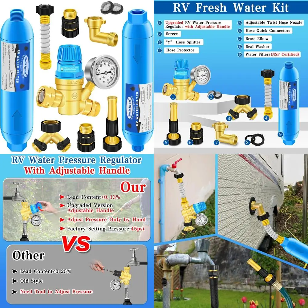 

Комплект фильтров регулятора давления воды, с двумя встроенными фильтрами для воды (сертификация NSF), разветвитель шланга, латунный колено, распылитель, гибкий