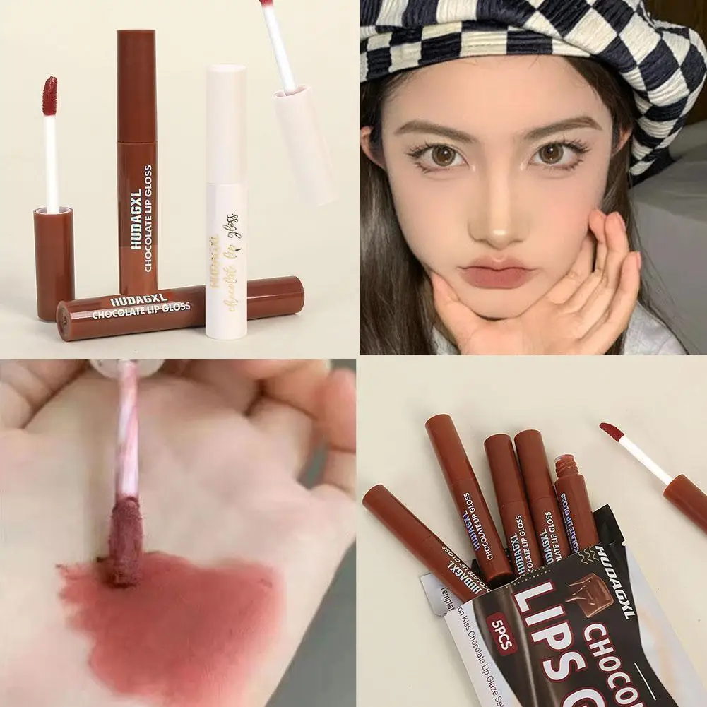 Chocolate Lip Glaze 5-teiliges mattes Samt-Lippenstift-Set, langlebig, wasserdicht, glatt, flüssig, Wasser, leicht, Lipgloss, Damen-Make-up
