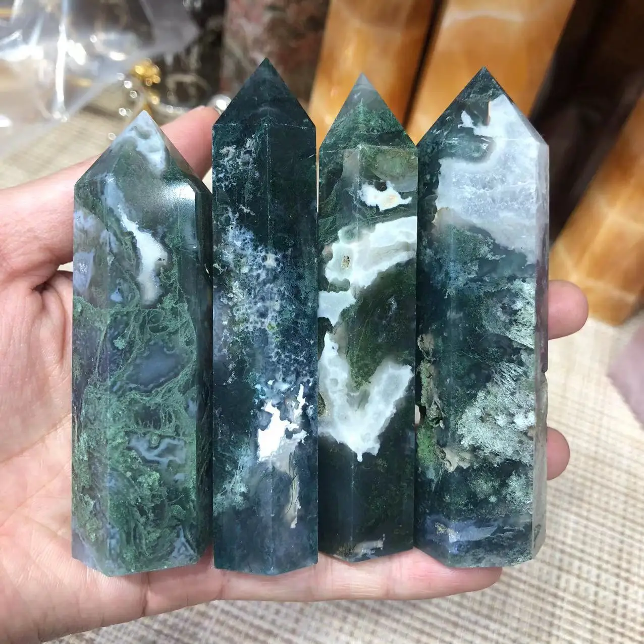 

Natural Stones Moss Agate Wand Point Quartz Crystal Healing Reiki Gemstones Home Decoration