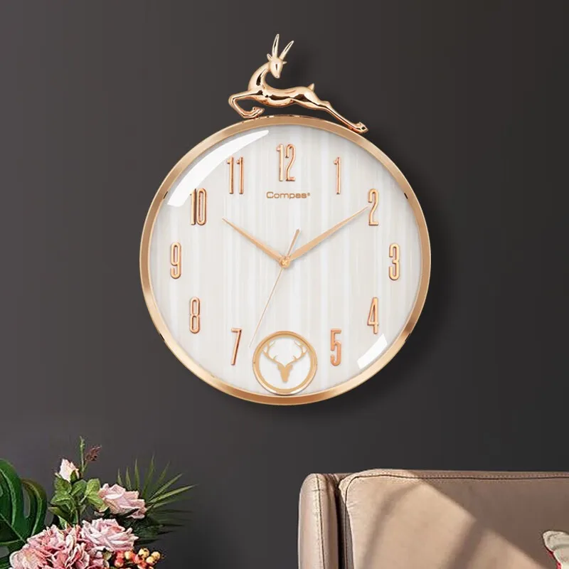 Decorate Your Living Room with This Luxury Wall Clock C3269-Deer Head Gold Plated White/Beige Quartz Clock Mute