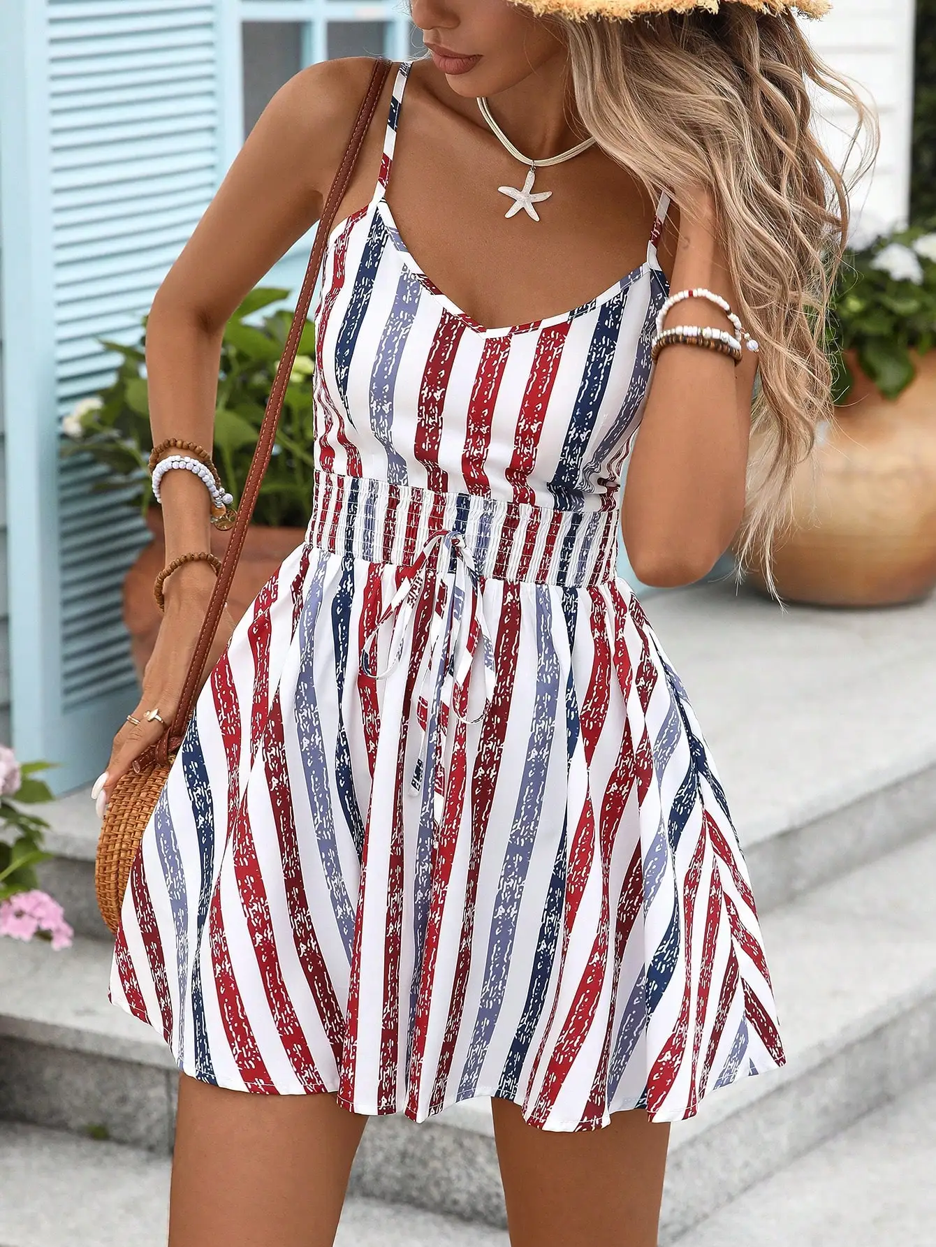 

INAWLY Women's Summer Casual Striped Cami Romper Outfit For July 4th, Back To School