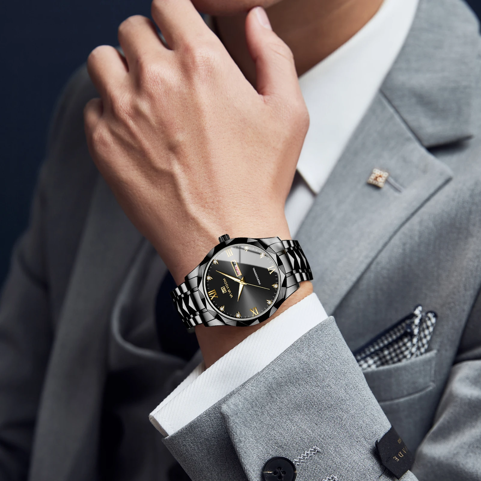 حجر الراين الفاخرة الرجال ووتش التصميم الأصلي برشام الفولاذ المقاوم للصدأ حركة الكوارتز الذهب الأزرق مضيئة التقويم الأعمال ووتش الرجال