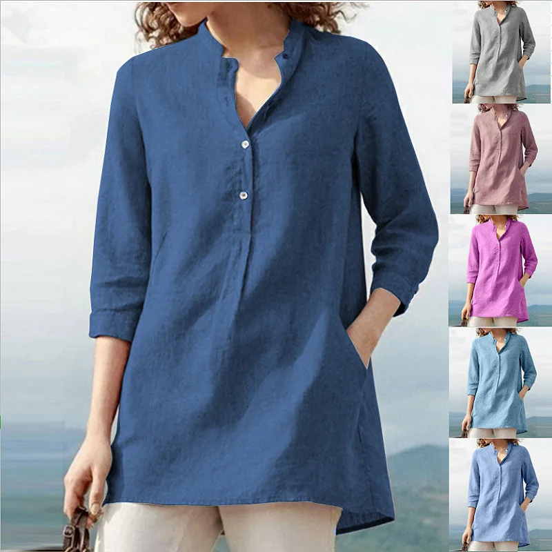 New Solid Color Seven-Part Sleeve Standing Collar Cotton Women's Casual Pullover Shirt Sehe Fashion