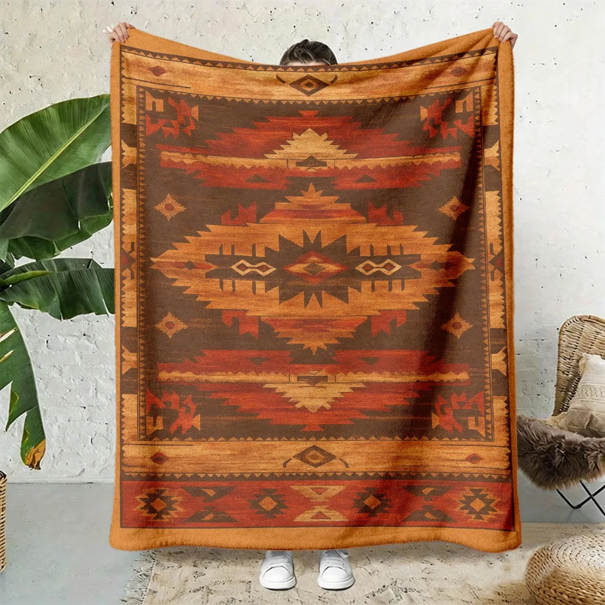 Boho Western Antique Geometric Ethnic Motif Print Flannel Blanket Cozy Thick Throw for Couch Travel Farmhouse Home Decor