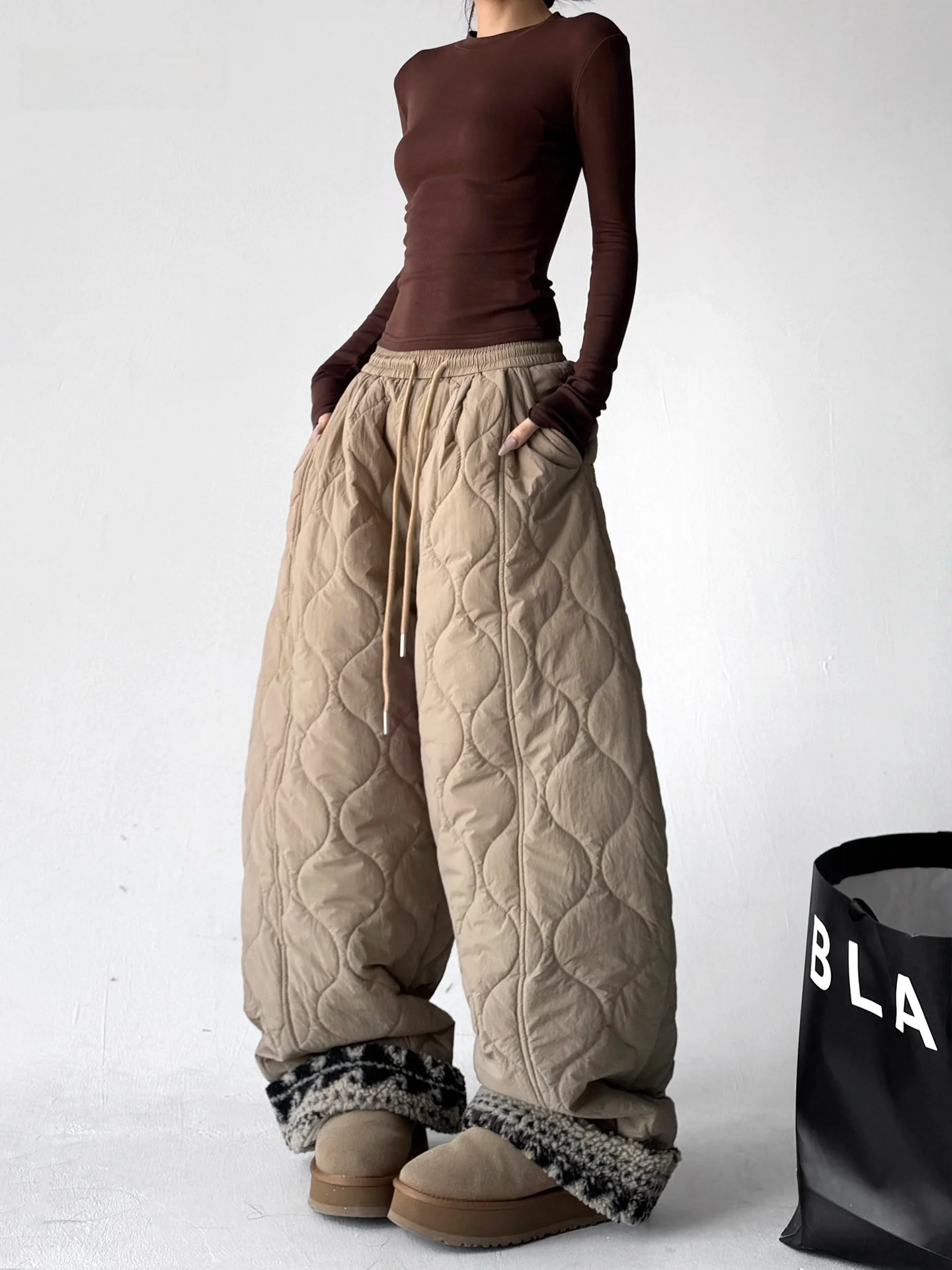 

Новые зимние женские широкие брюки с высокой талией, свободные повседневные брюки, длинные прямые брюки из полиэфирного волокна для поездок на работу