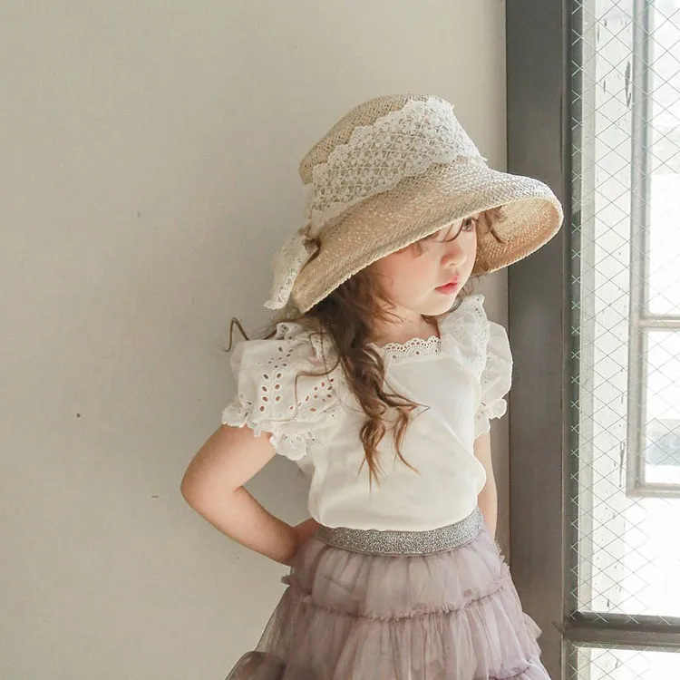 

Cotton-Soft Embroidered Lace Lapel Bubble Short-Sleeved Elastic T-shirt Girls' Summer Baby Clothes Kids Tops