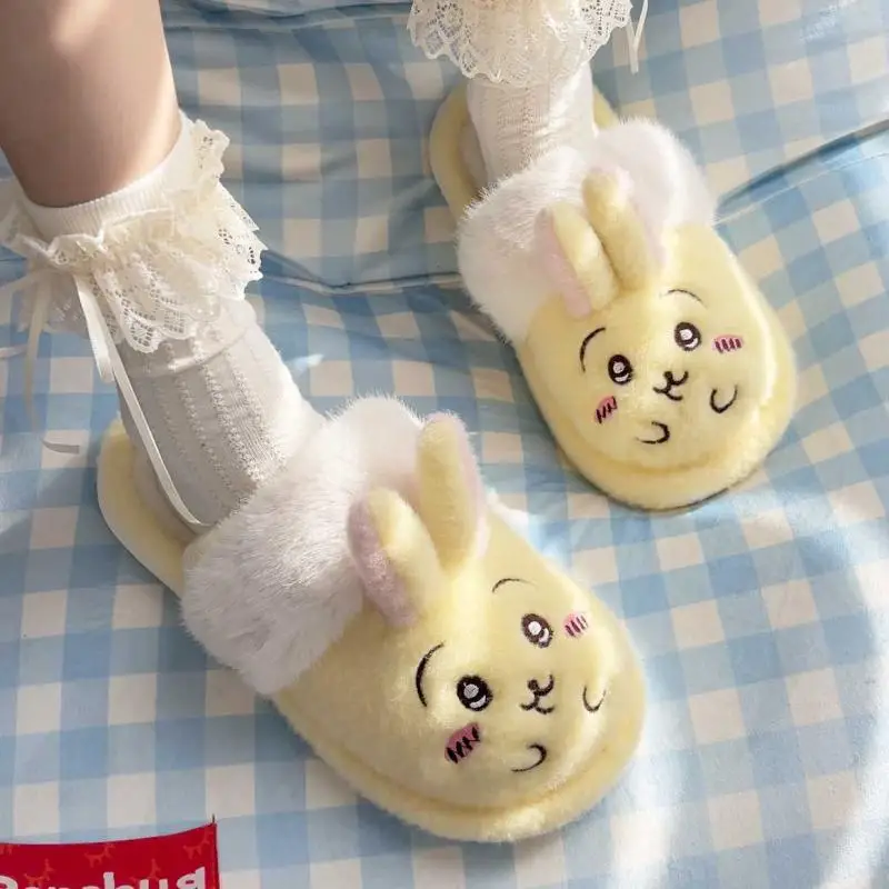 Anime Chiikawa Hachiware Cute Cartoon Rabbit Velvet Soft Sole Non-Slip At Home Cotton Slippers Girl Winter Thicken Keep Warm