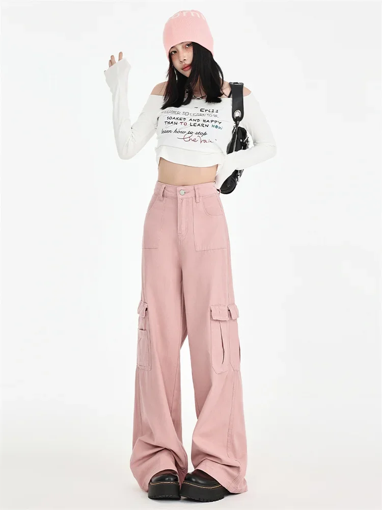 

Pink overalls women's spring and autumn new American high-waisted and thin straight mopping wide-leg pants