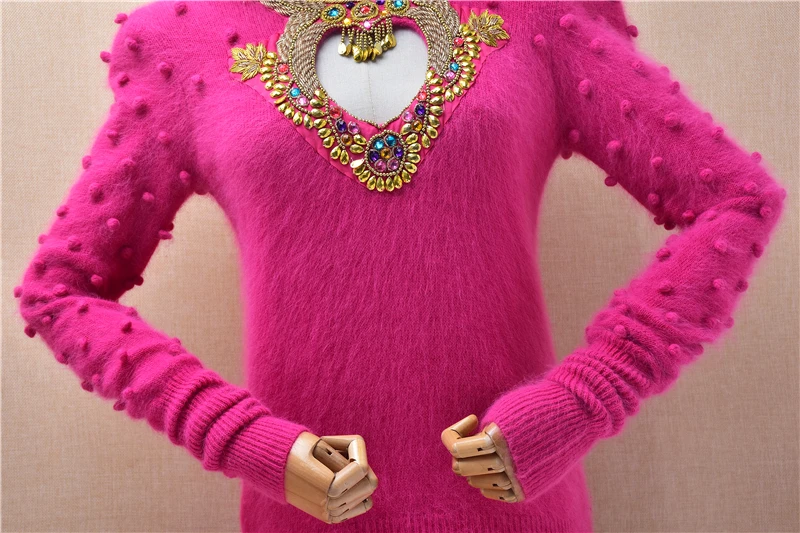 Women Mujer Vintage Beading Crochet Angora Rabbit Hair Knitted O-Neck Long Sleeves Slim Blouses Pullover Sweater Jumper Pull Top - view 4