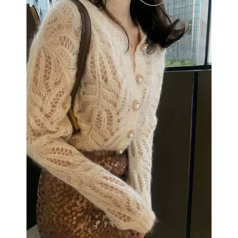 Spring Womens Soft Embroidered Hollow Knitted Cardigan Thin Sweater Shirt