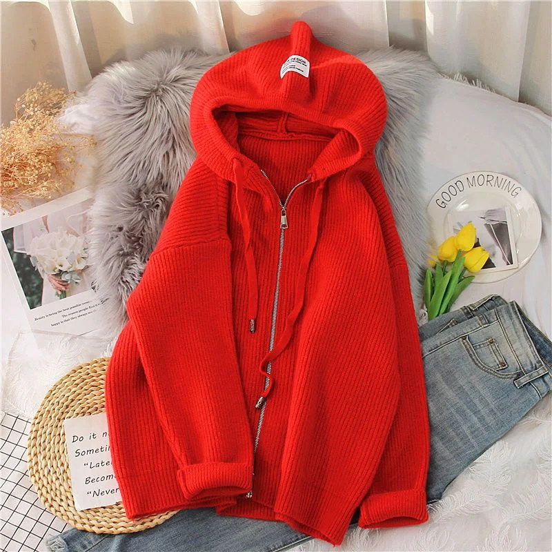 2023Spring New Fashion Temperament Thick Solid Color Hooded Knit Cardigan Zipper Coat Sweater Women Loose Top Thick Women\'s Wear