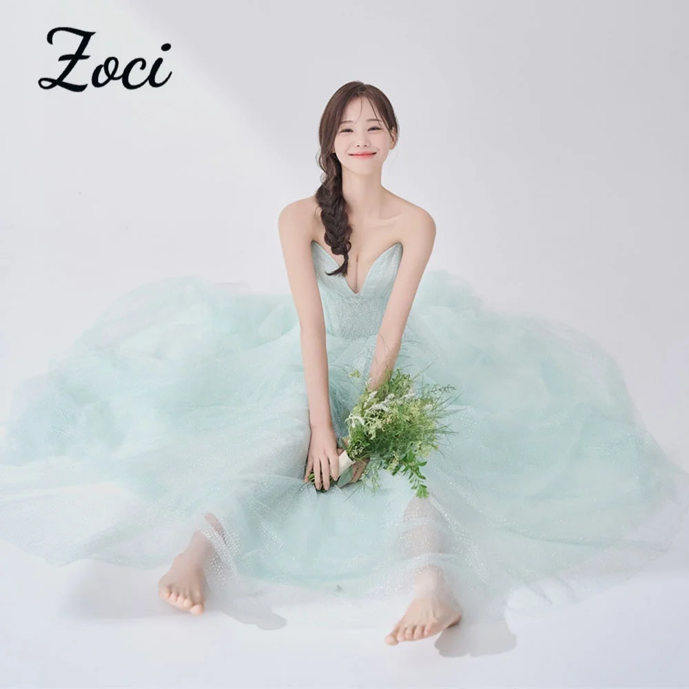 

Zoci Fairy Light Green Dotted Tulle Wedding Dresses Deep V-Neck Bridal Gown A-line Korea Evening Dresses Custom Made for Bride