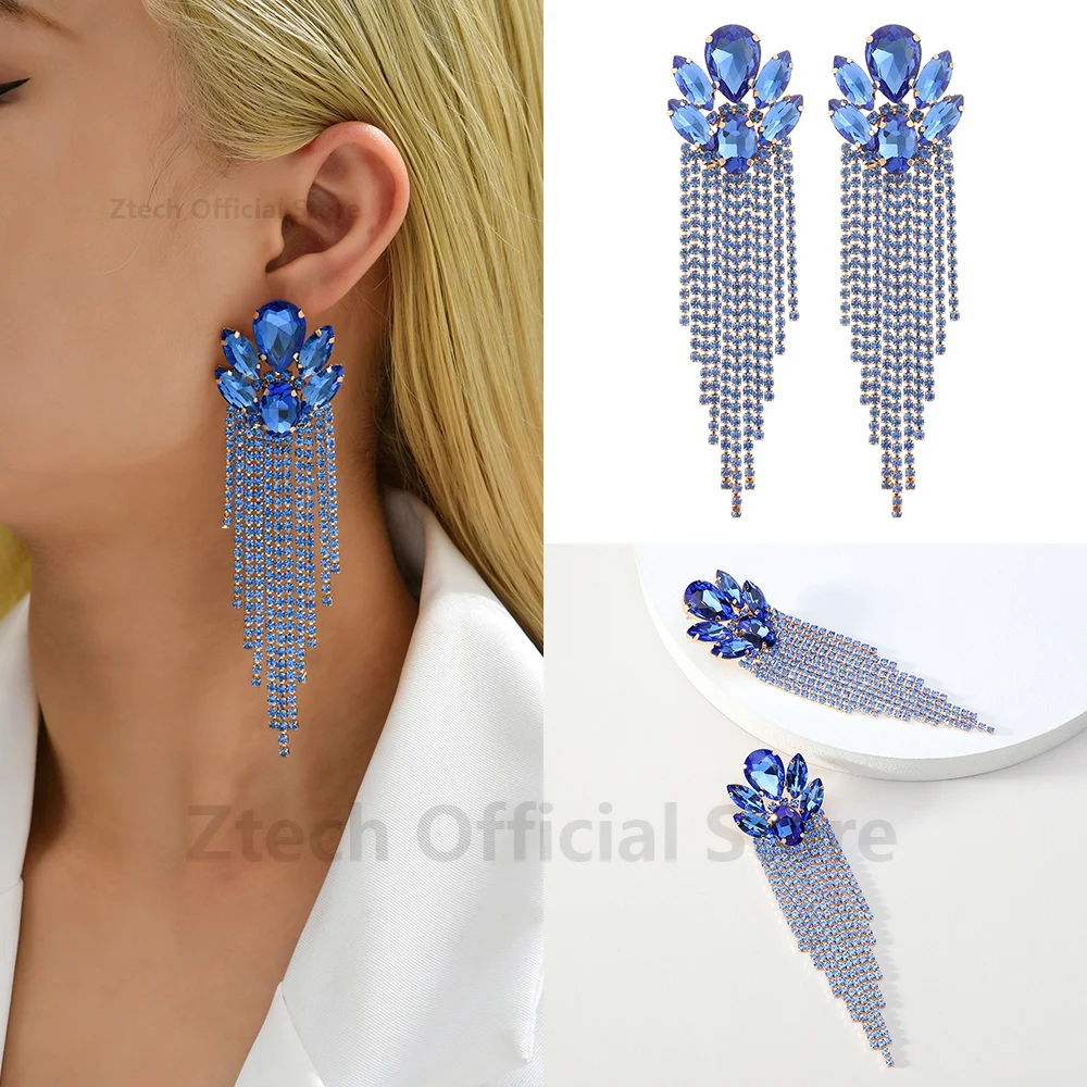 Bohemian Fashion Elegant Long Crystal Tassel Dangle Drop Earrings For Women Luxury Wedding Party Statement Jewelry Accessories