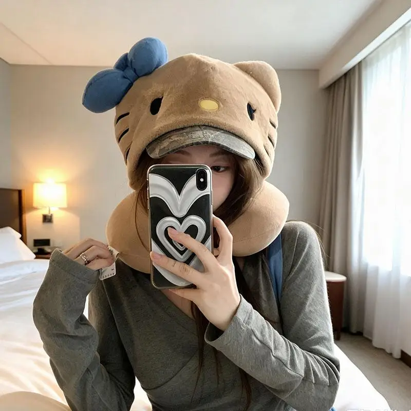 Hello Kitty Hooded Travel Neck Pillow Cute Plush U Shaped Pillow for Airplane Car Nap Portable Headrest with Hood Girls Gift
