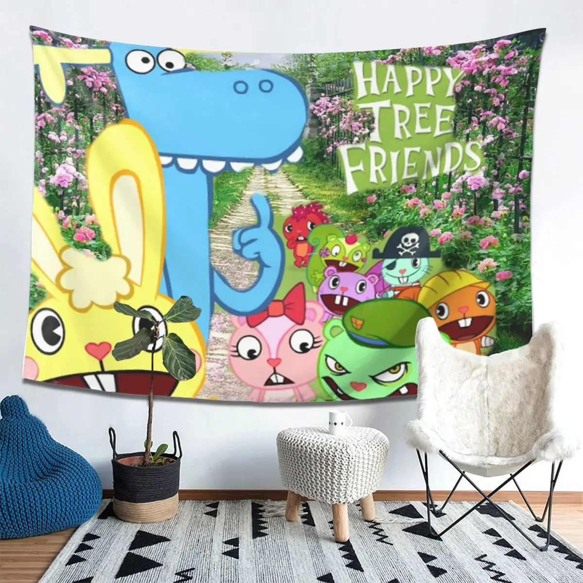 Happy Tree Friends Flippy Lumpy Cuddles Loving Family Tapestry Wall Hanging Aesthetic Home Decoration Tapestries for Dorm Room