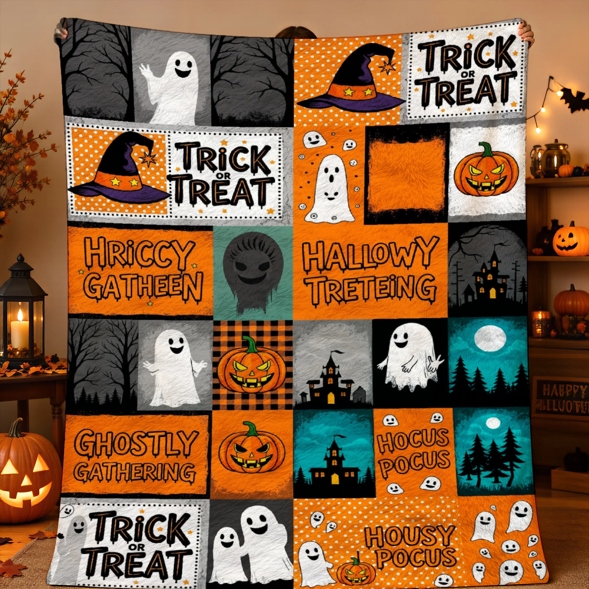 1pc 2D Printed Halloween Patchwork Quilt Throw Blanket, Trick or Treat Ghosts Pumpkins Witches Haunted Houses Pattern, Soft Warm
