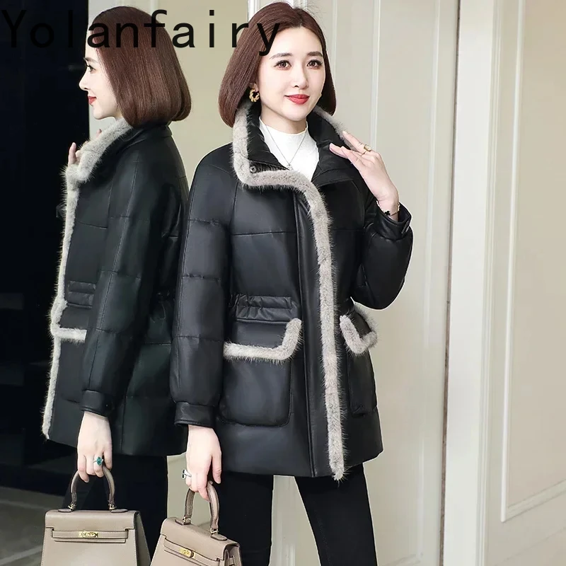 Real Sheepskin Leather Jacket Women Winter Autumn Elegant Mid-length Down Coats Mink Fur Collar Korean Fashion Outerwears Abrigo