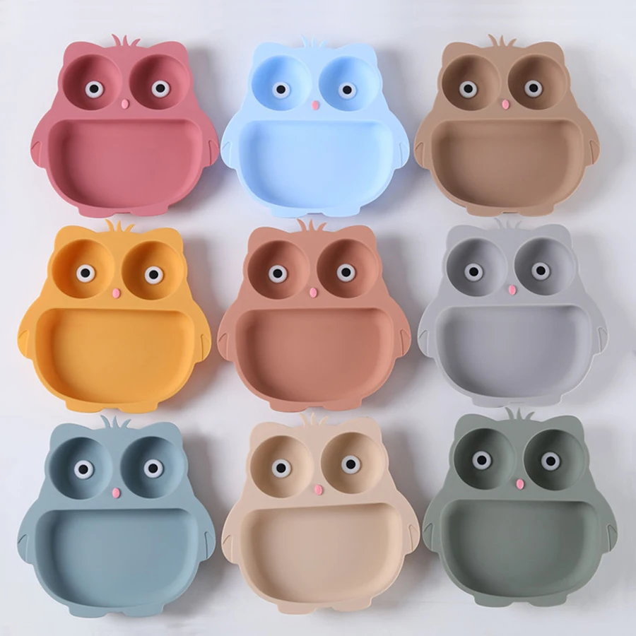 Silicone children\'s tableware suction cup cartoon owl plate silicone baby bowls and plates children\'s training eating auxiliary