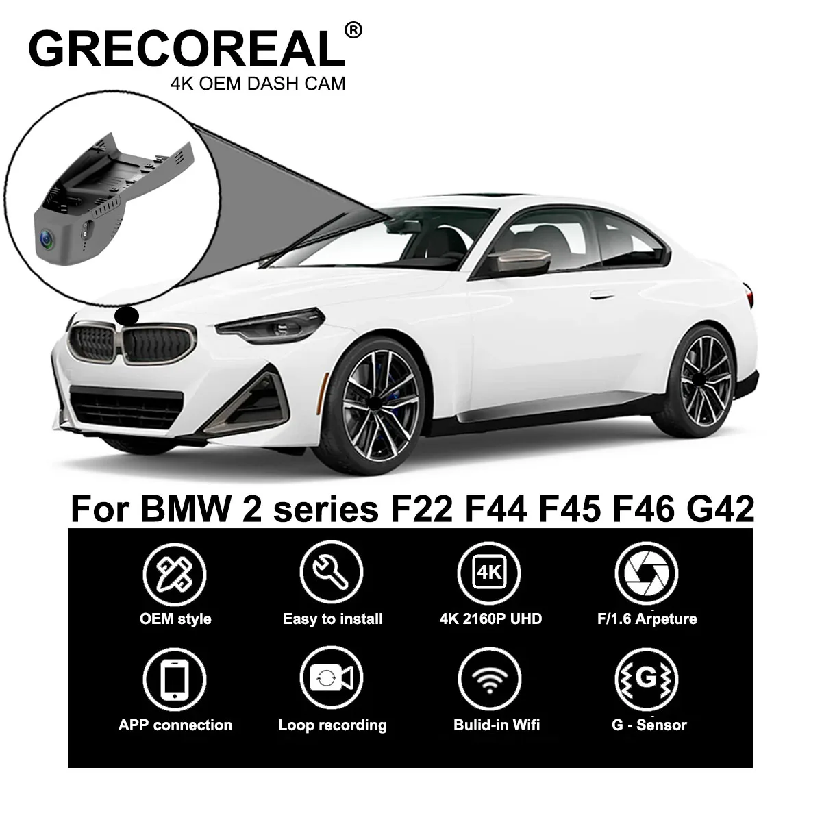 

GRECOREAL 4K Dash Cam Front Rear 2160P WiFi Dual Dashcam APP Control Plug Play Compatible with BMW 2 series F22 F44 F45 F46 G42