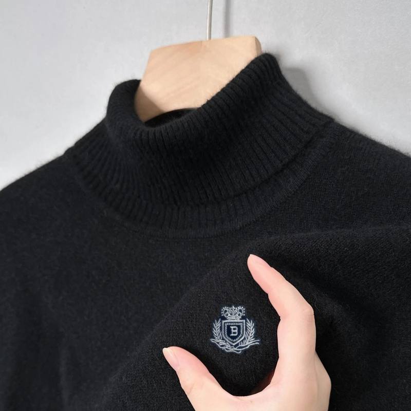 

Winter Luxury Design Men's Knit Pullover Turtleneck Exquisite Patterns Embroid Wool Sweater British Business Warm Soft Menswear