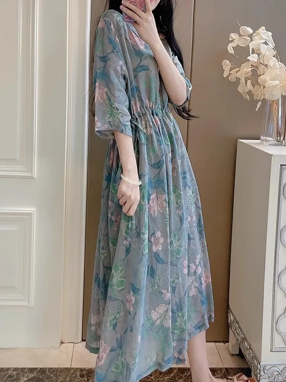 Rétro lin Dr femmes V-ne taille cintrée coton lin longue été Zen pur thé vêtements imprimé artistique Robe taille moyenne A-...