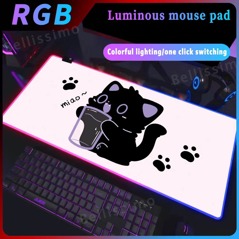 Anime Cute Black Cats Mouse Pad XXl Gaming Deskpad Aesthetic Pink Purple Cat Mousepad Pc Accessories Computer Extended Deskmat