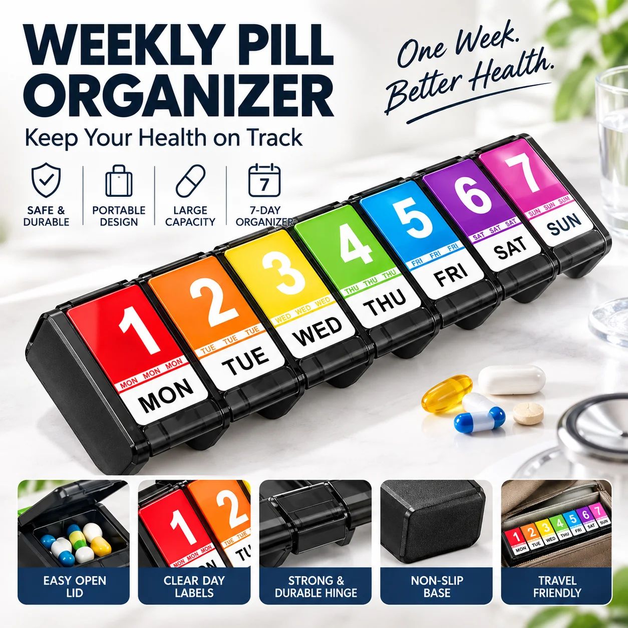 7 Day Pill Organizer Weekly Large Capacity Sealed Button Push Medicine Box Portable Travel Pill Case Vitamin Supplement Storage