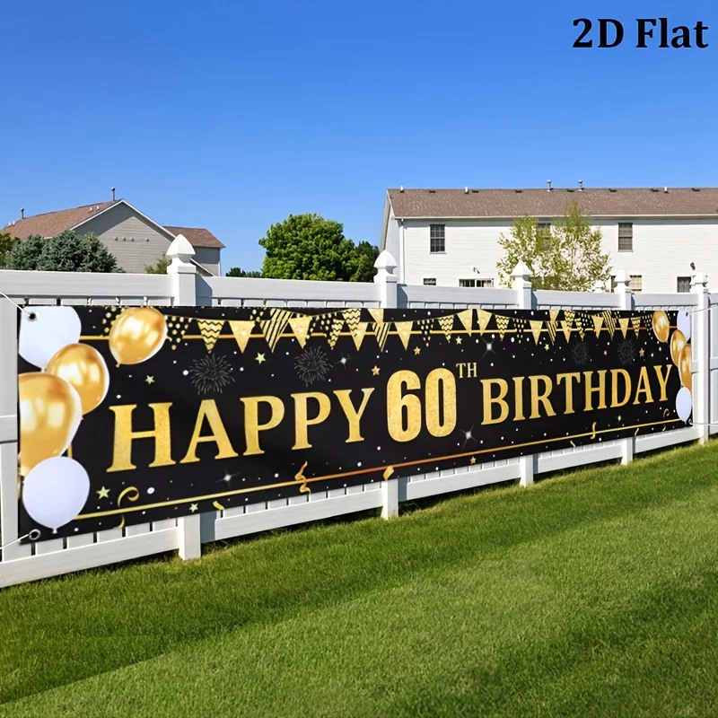 2D flat banner, 1 piece, 60th birthday polyurethane hanging banner, black and gold triangular flag firecracker hanging flag