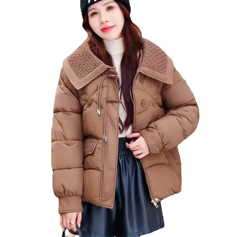 

Pop Winter New Down Cotton-Padded Female Doll Lapel Chinese Style Down Cotton Jacket Female Loose New Chinese Buckle Coat