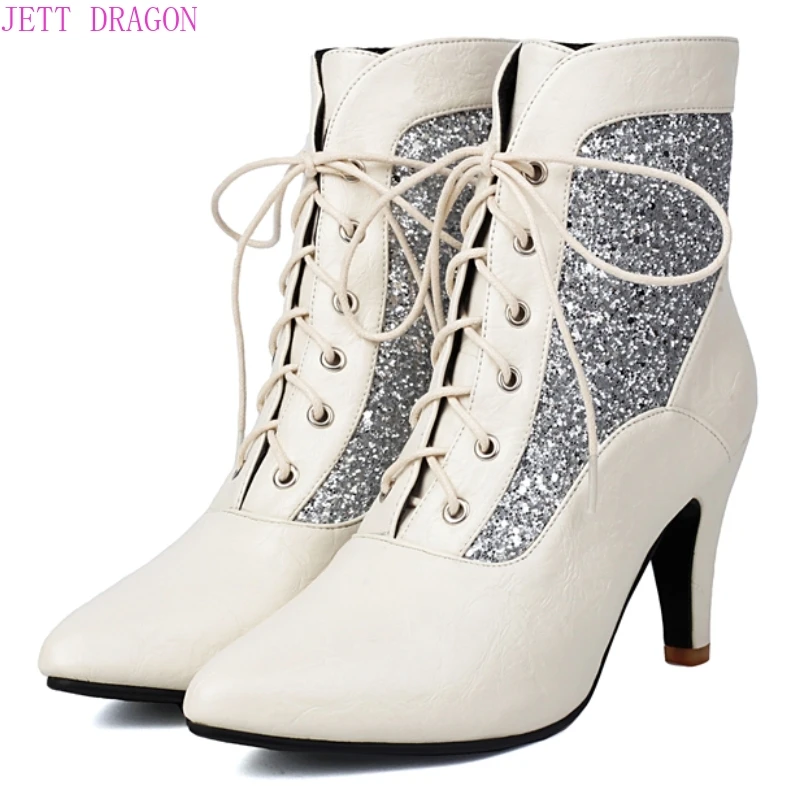 

Большой размер 45, женские ботильоны, красные, белые, черные короткие танцевальные ботинки, вечерние осенне-зимние туфли на шнуровке, женская брендовая новинка