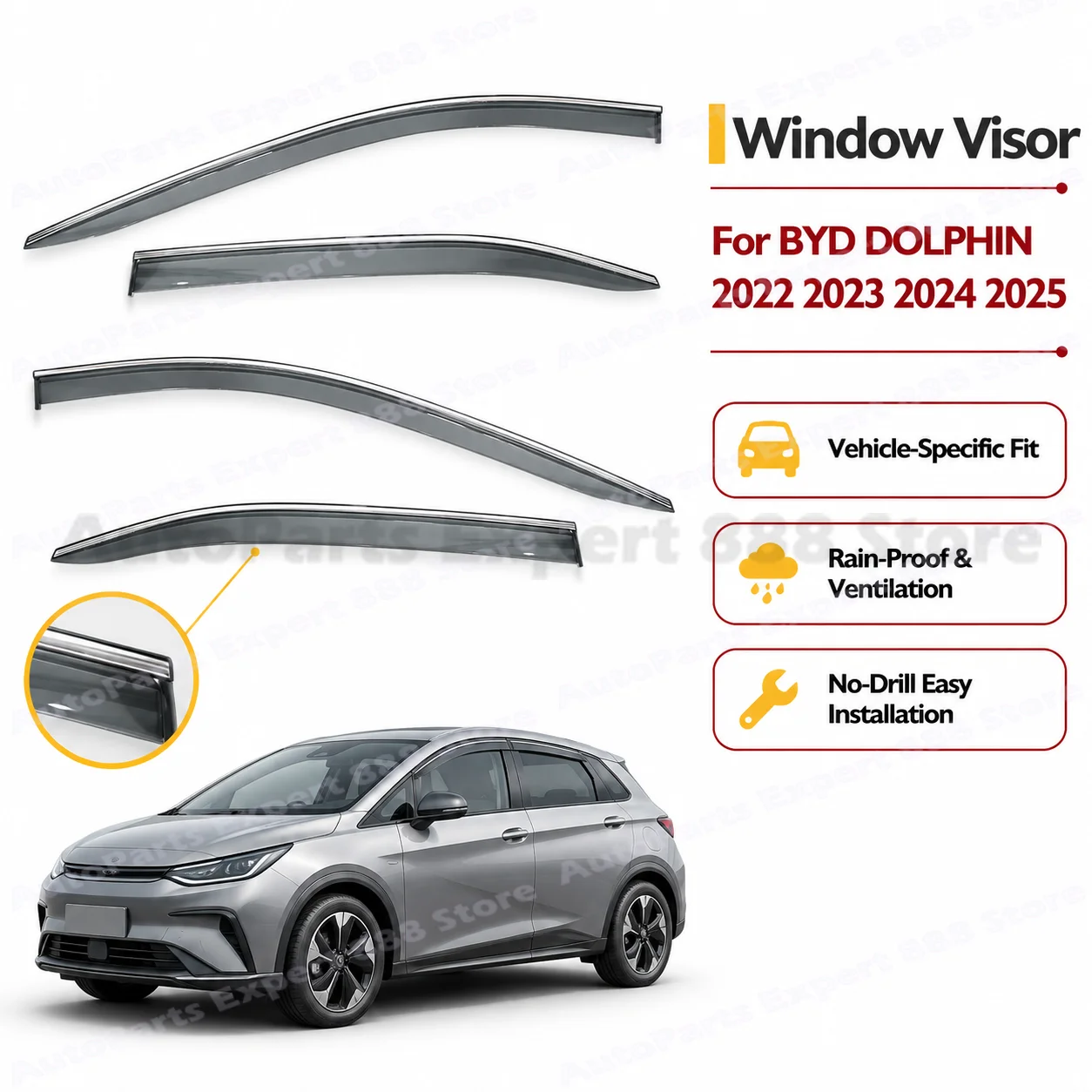 For BYD DOLPHIN 2022 2023 2024 2025 Car Side Window Visor Wind Deflectors Rain Guards with Tape-On Vent Visors Exterior Parts