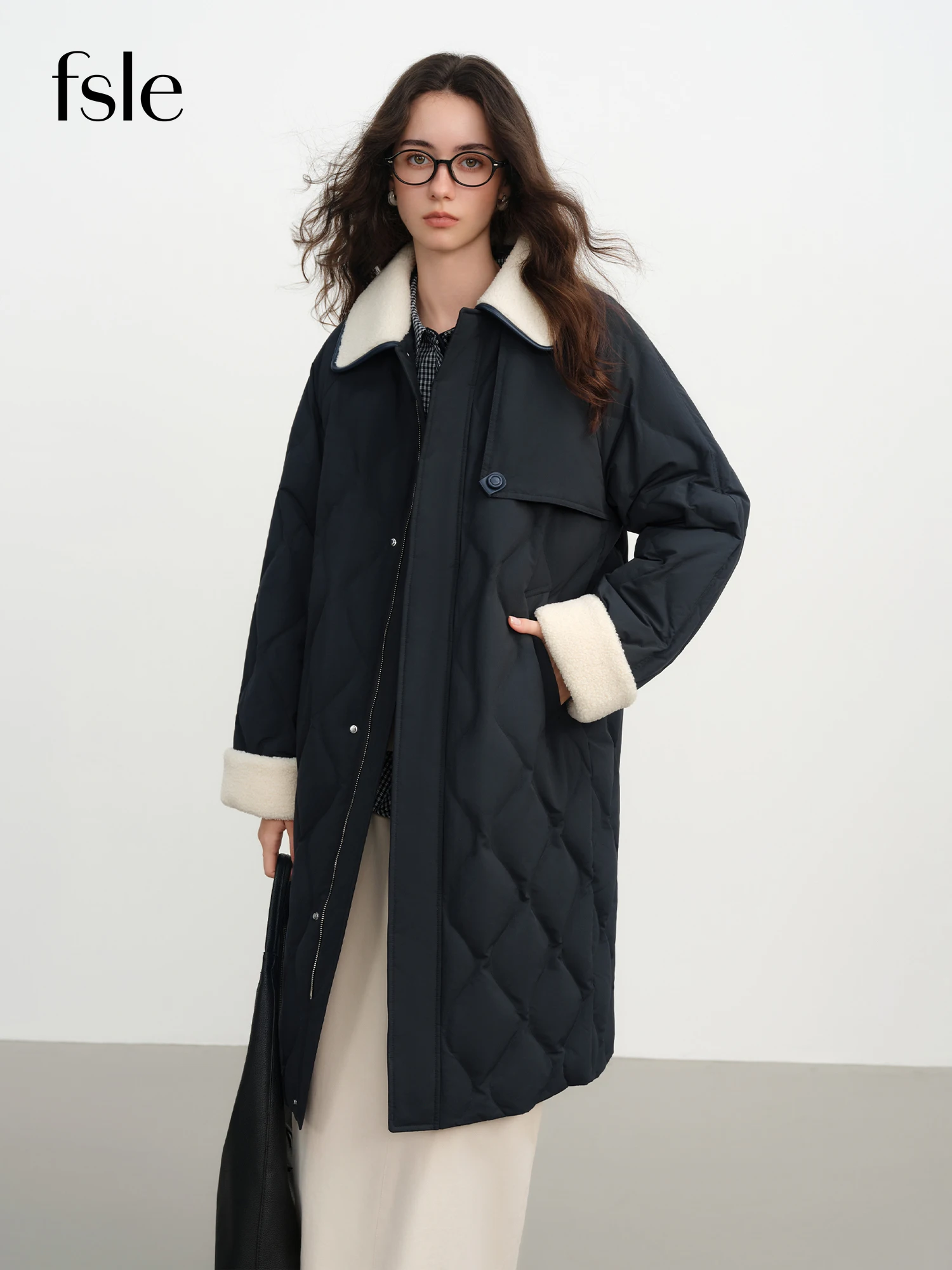 FSLE Korean Style Mid-length Down Jacket Turn Down Collar Winter Splicing Fur Collar Casual Jacket for Women Japanese Style BF