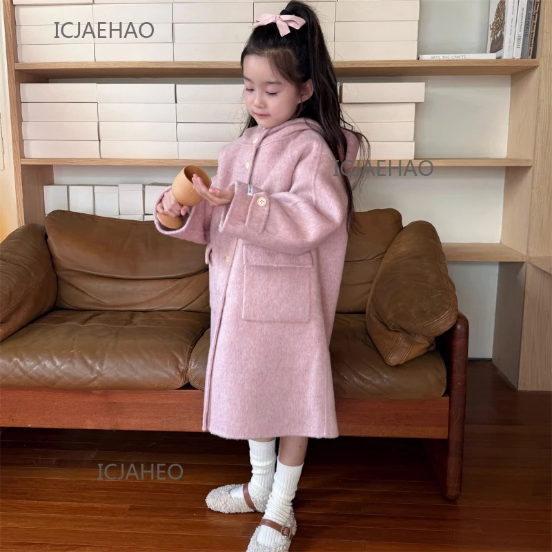 

Teen Girl Clothes Kids Wool Double Faced Costume Girls Handmade Matching Winter Outerwear Peach Pink Long Hooded Coat Children