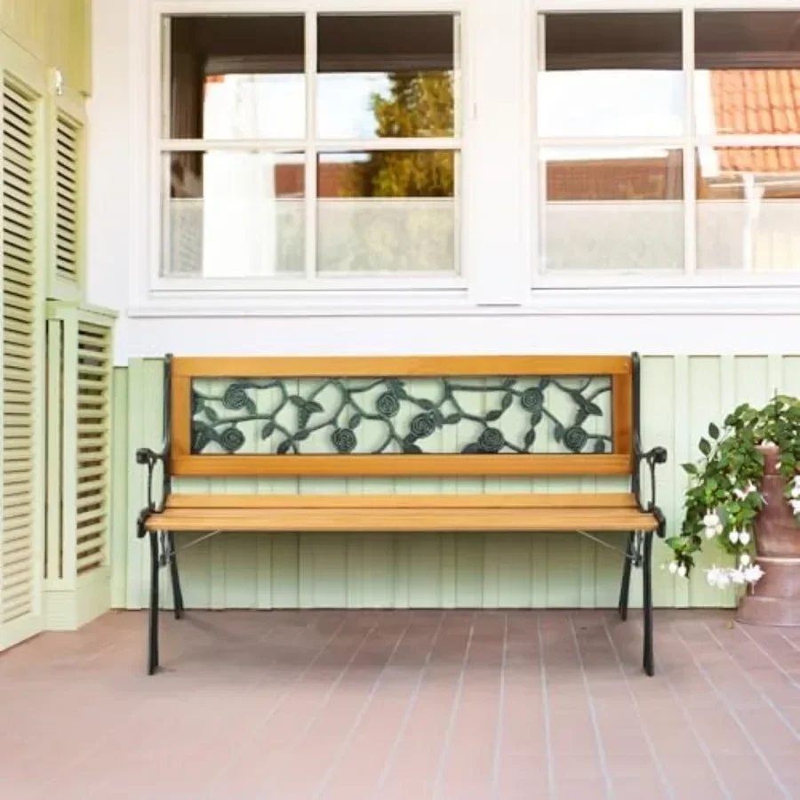 Outdoor Bench, Weather Resistant Cast Iron Frame＆Teak Wood Seat w/PVC Backrest, 3-Person 470lbs Capacity Garden Bench for Park