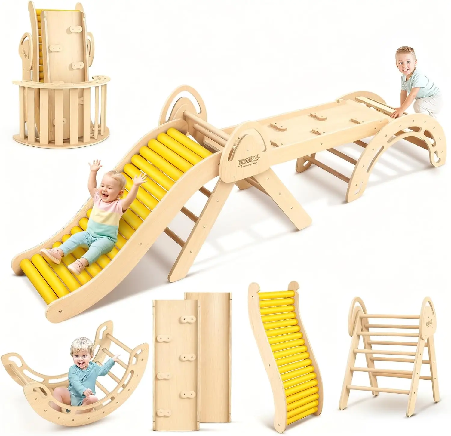 Pikler Triangle Set for Kids, 10 in 1 Toddler Climbing Toys Indoor, Foldable Wooden Montessori Climbing Set, Indoor Playground B