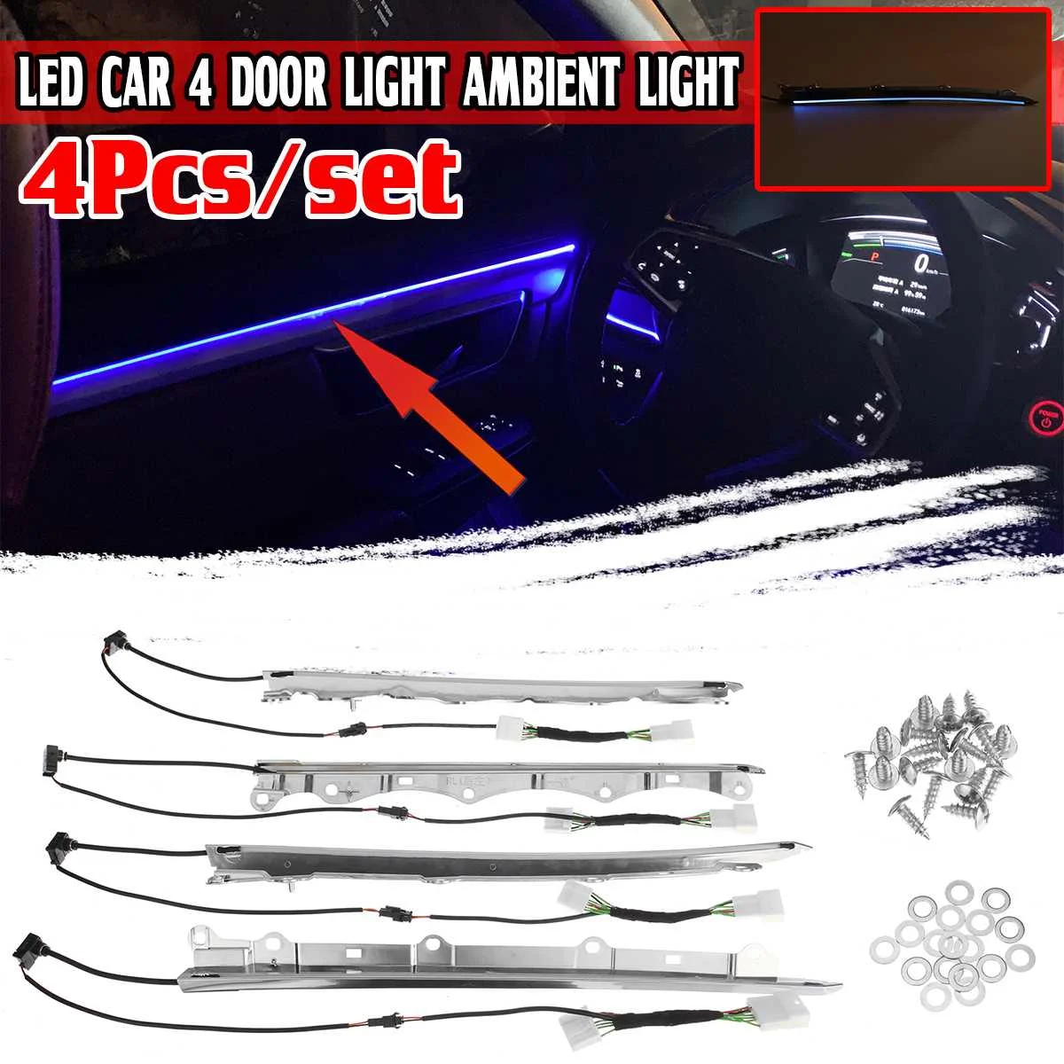 4pcs LED Car Interior Atmosphere Lights Auto 4 Door Ambient Decorative Light Neon Strip Light Lamp For Toyota Camry 2019-2021