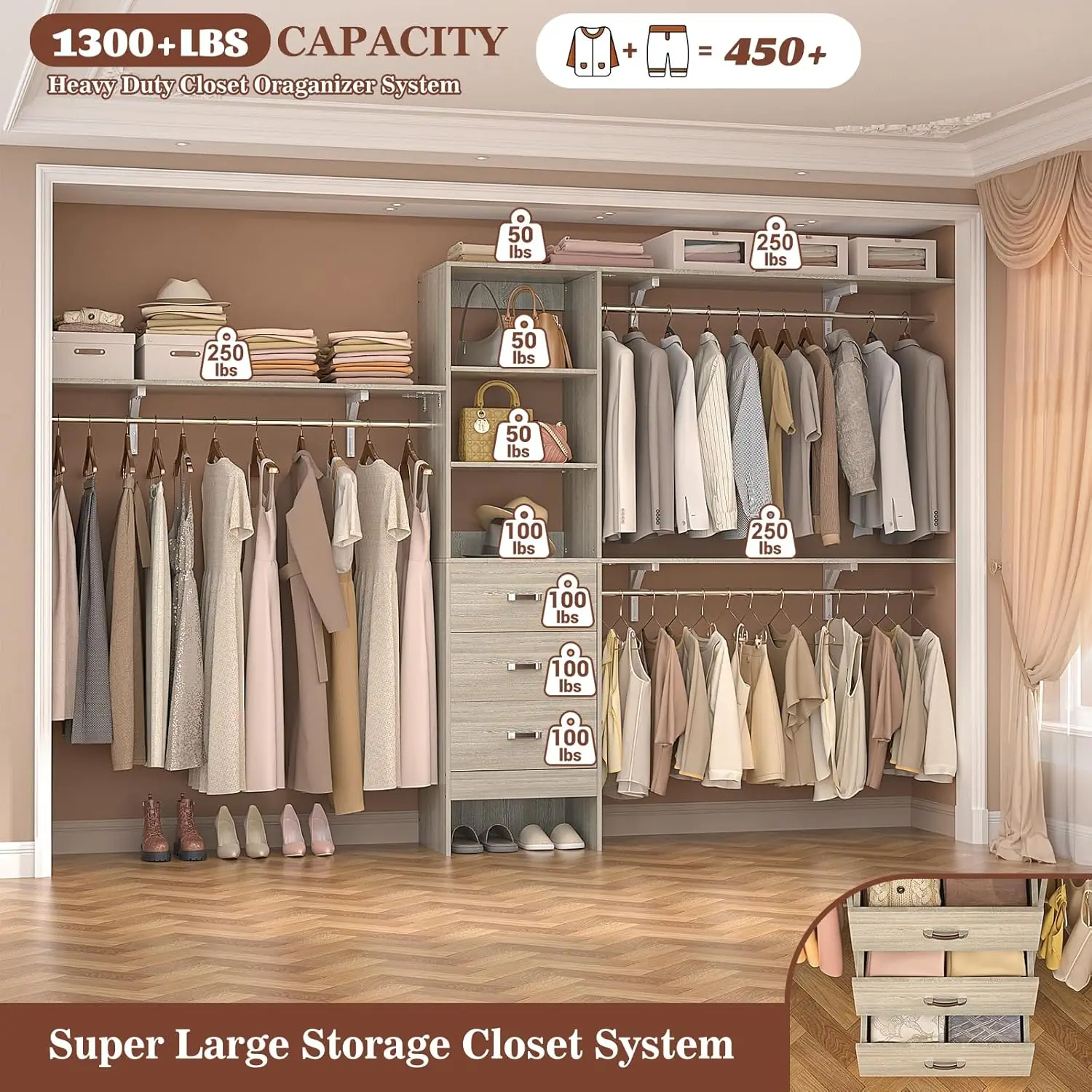 Armocity 120 Inches Closet System, 10Ft Walk In Closet Organizer With 3 Shelving Towers, Heavy Duty Clothes Rack With 3