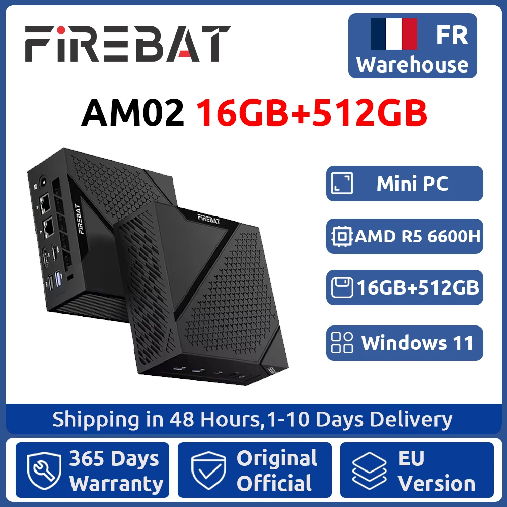 FIREBAT MINI PC AM02 Ryzen 5 6600H 16GB DDR5 512GB SSD Windows 11 WIFI6 BT5.2 Compacte desktopcomputer Netwerkpoort HDMI
