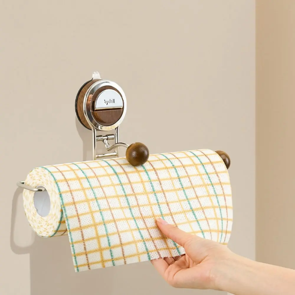 Suction Cup Paper Towel Holder Wooden Kitchen Roll Stand Wall Mount Dispenser Rack No Drill Home Organization Shelf