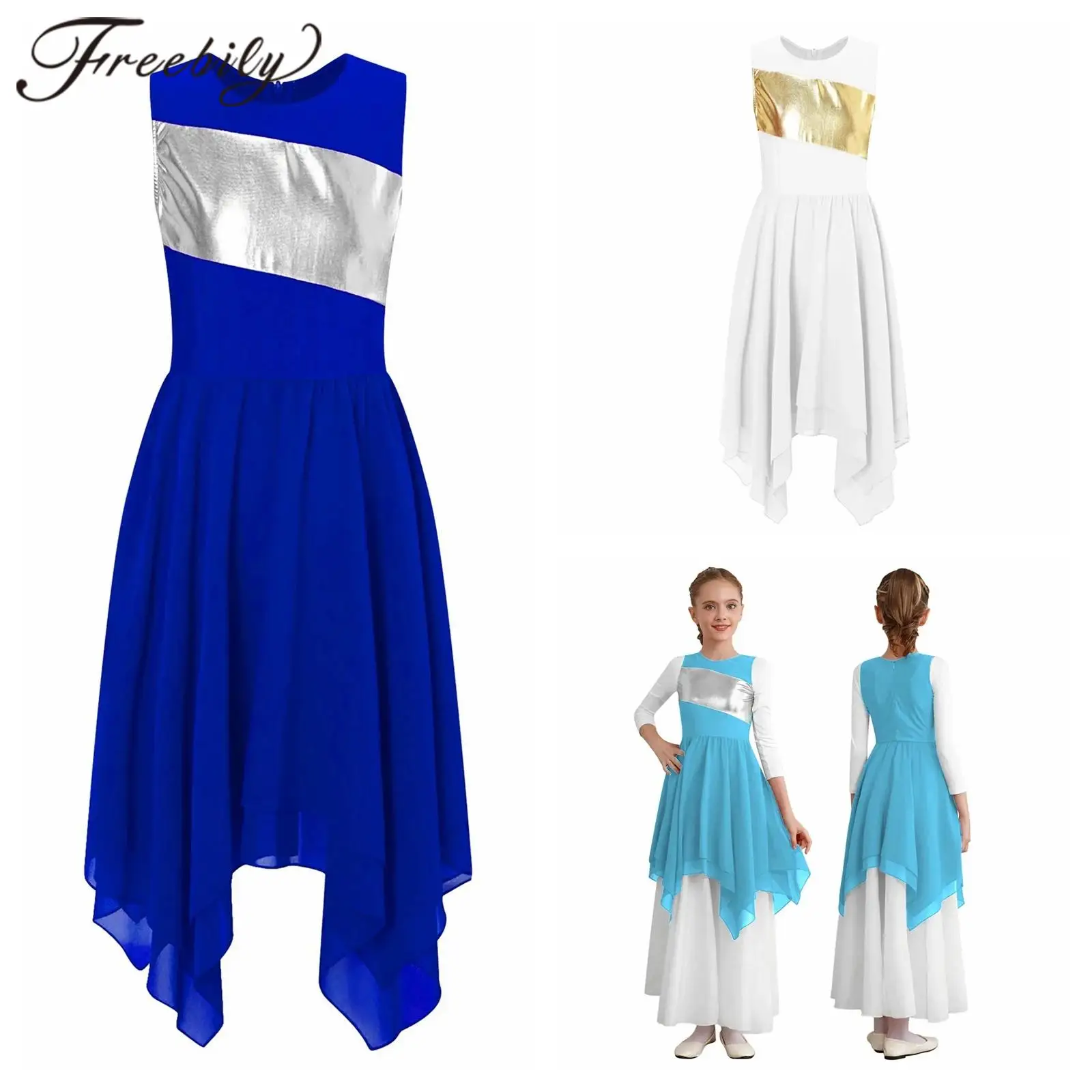 

Kids Worship Robe Colorblock Asymmetric Hem Liturgical Lyrical Dance Dress Praise Dresses Dancewear Girls Celebration Costume