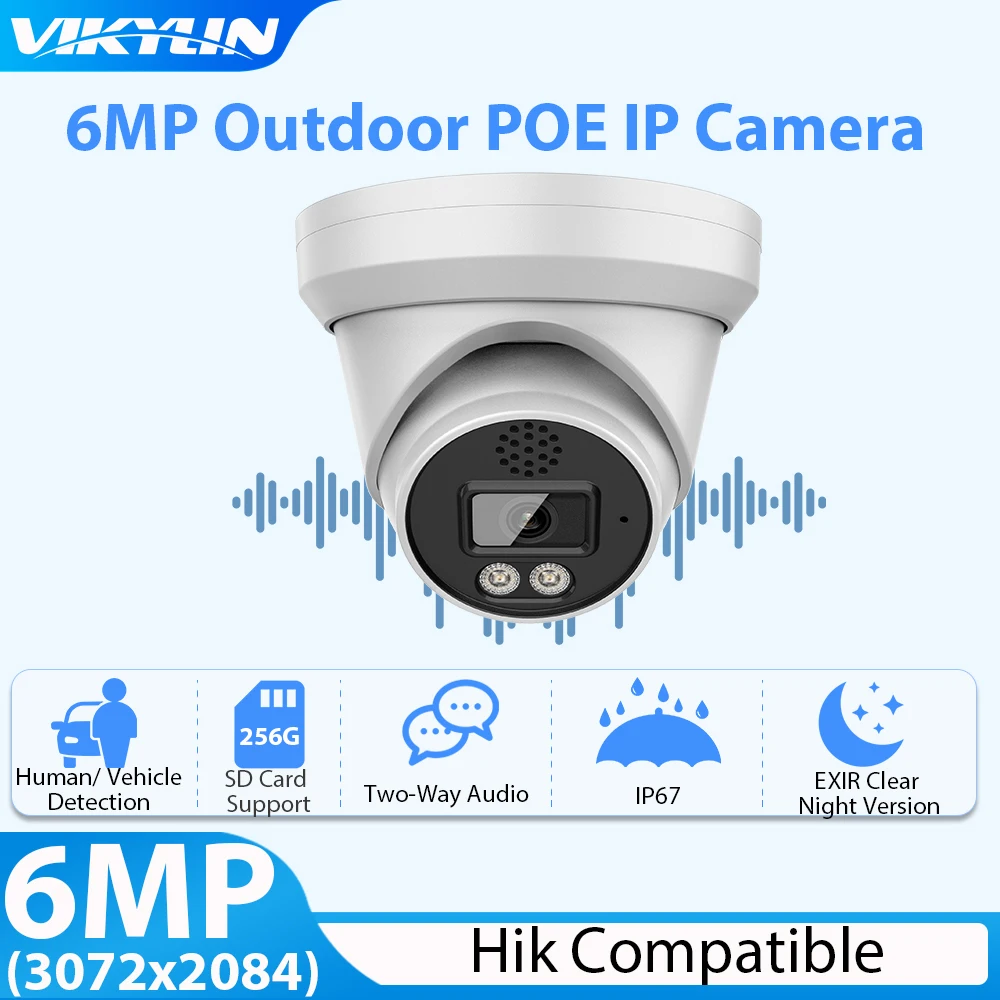 Vikylin 6MP IP Security Camera for Hik Compatible Onvif POE SD Human Vehicle Detect Two Way Audio CCTV Surveillance Cam